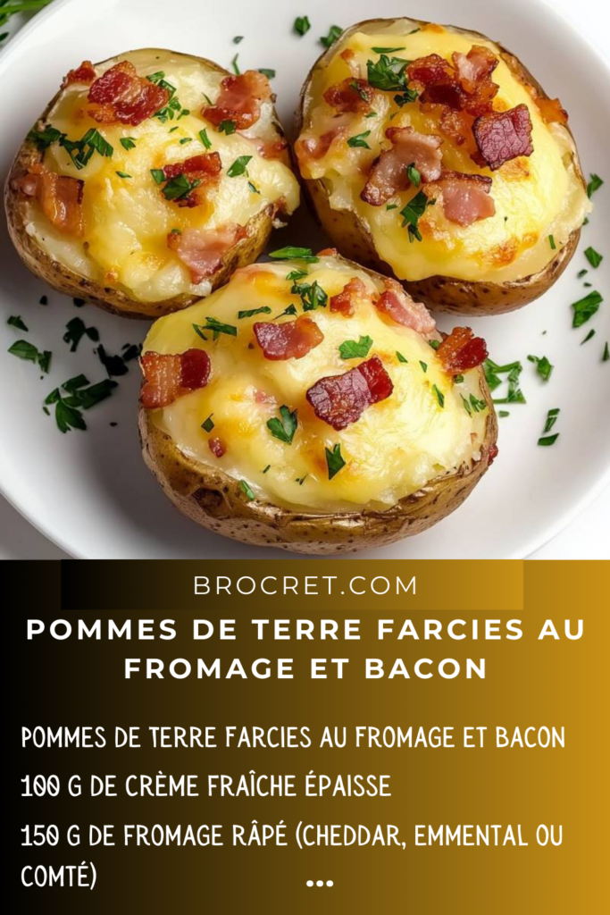 Pommes de terre farcies au fromage et bacon dorées au four, prêtes à servir