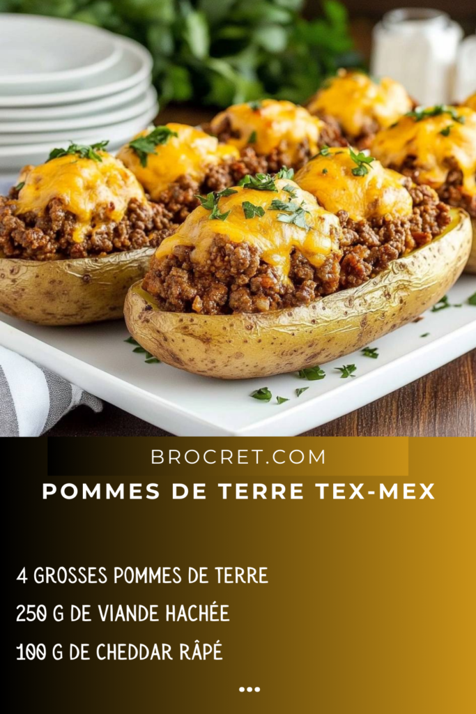 Pommes de terre Tex-Mex farcies de viande épicée, cheddar fondant et garnies de persil frais