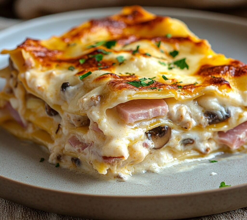 Plat de lasagnes blanches gratinées avec du fromage râpé et une garniture de poireaux et champignons