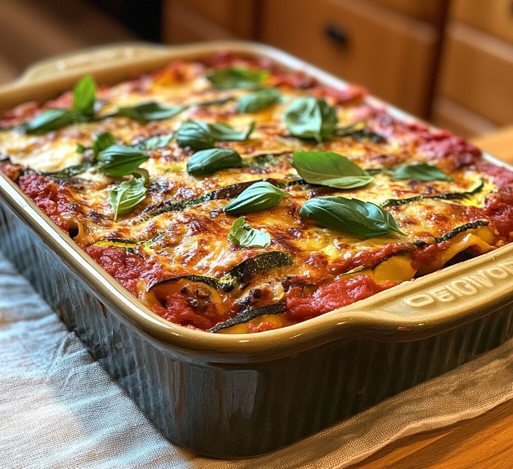 Lasagnes vegan avec des légumes et une crème de cajou, gratinées et servies avec du basilic frais