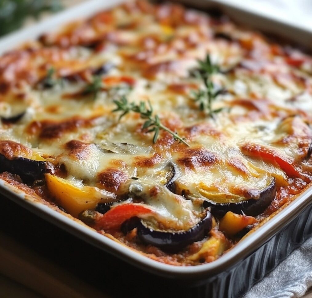 Lasagnes à la ratatouille avec fromage gratiné et légumes colorés, prêtes à être servies