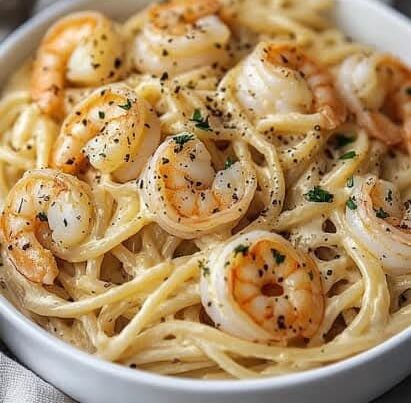 Assiette de spaghetti crémeux aux crevettes, garnie de persil frais et de parmesan râpé.