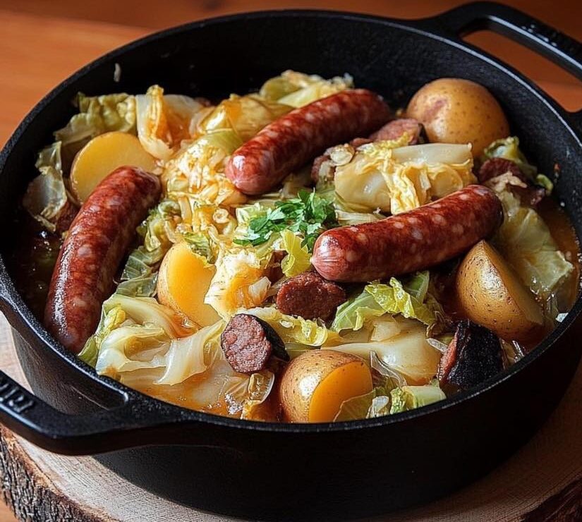 Potée aux saucisses fumées servie dans une assiette avec des légumes fondants et du pain rustique.