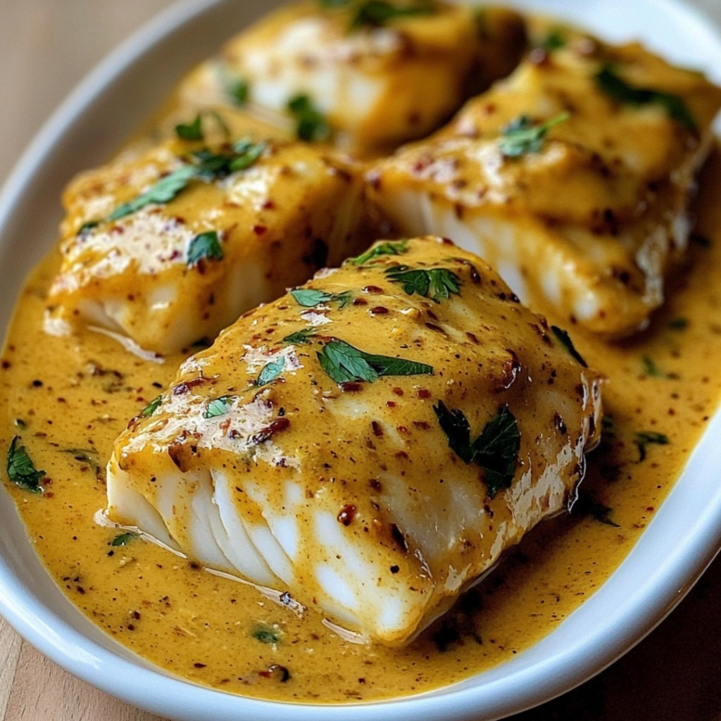 Pavé de cabillaud nappé de sauce moutarde épicée, accompagné de riz basmati et légumes vapeur