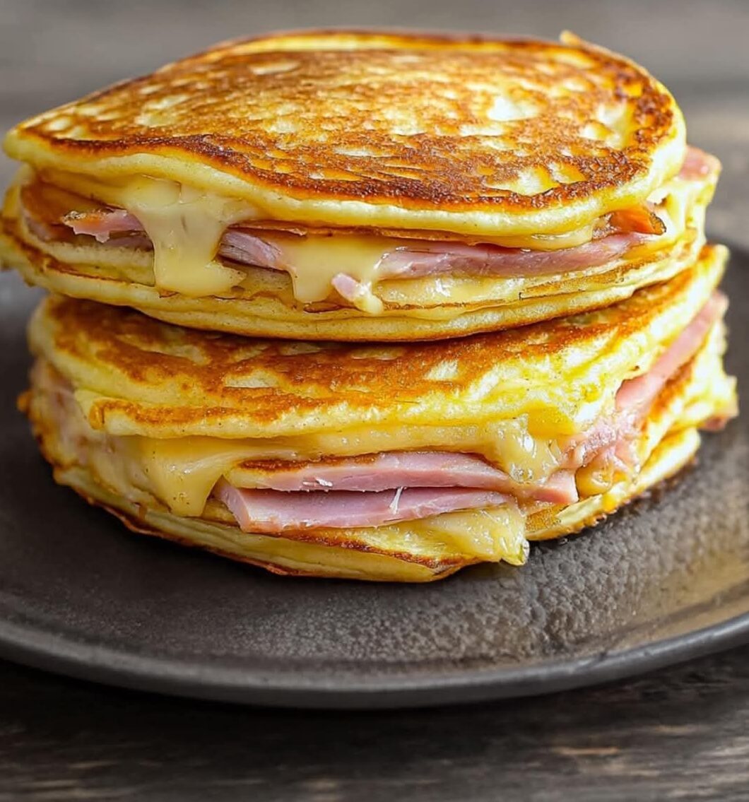 Pancakes salés garnis de jambon et fromage fondant, servis avec une salade verte