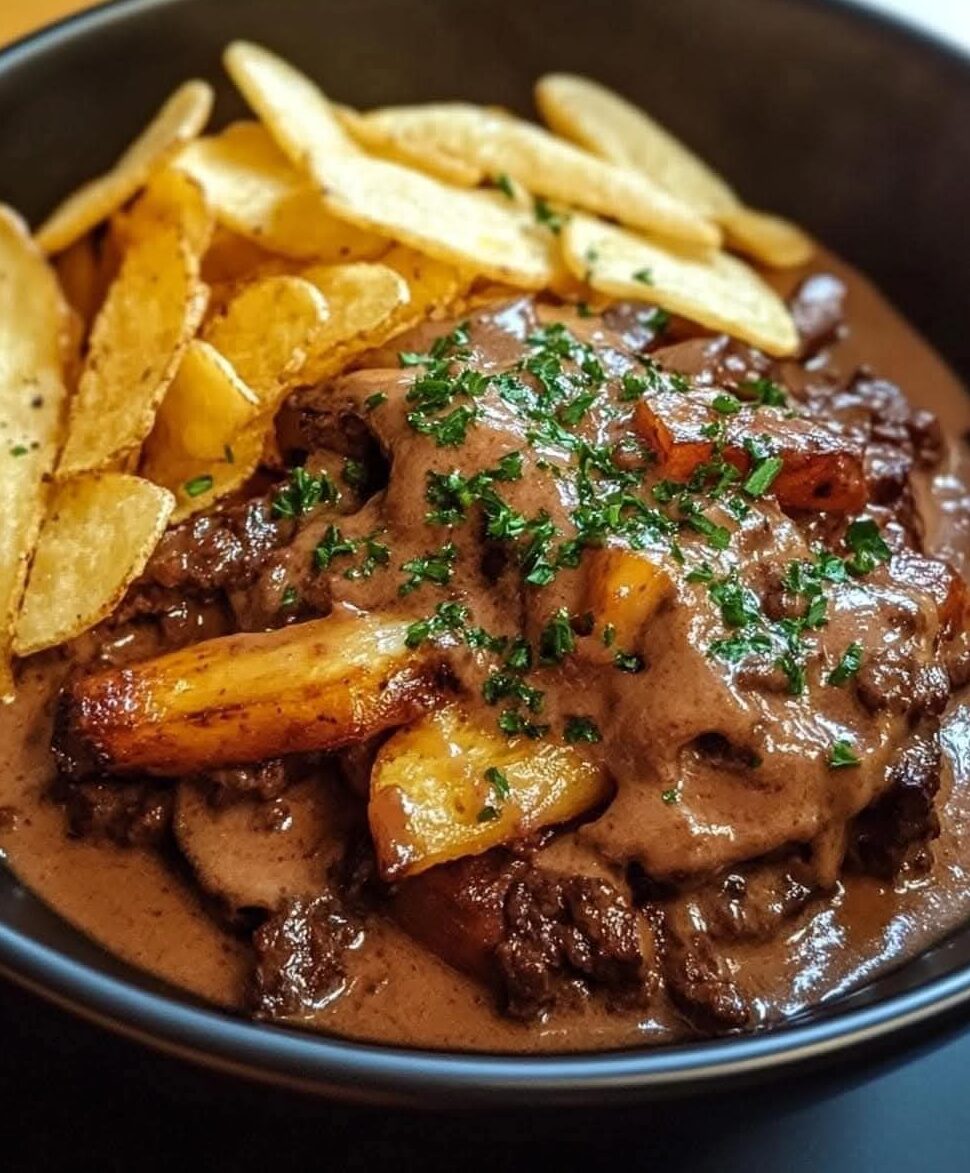 Plat de carbonade flamande avec une sauce brune onctueuse, accompagné de frites croustillantes