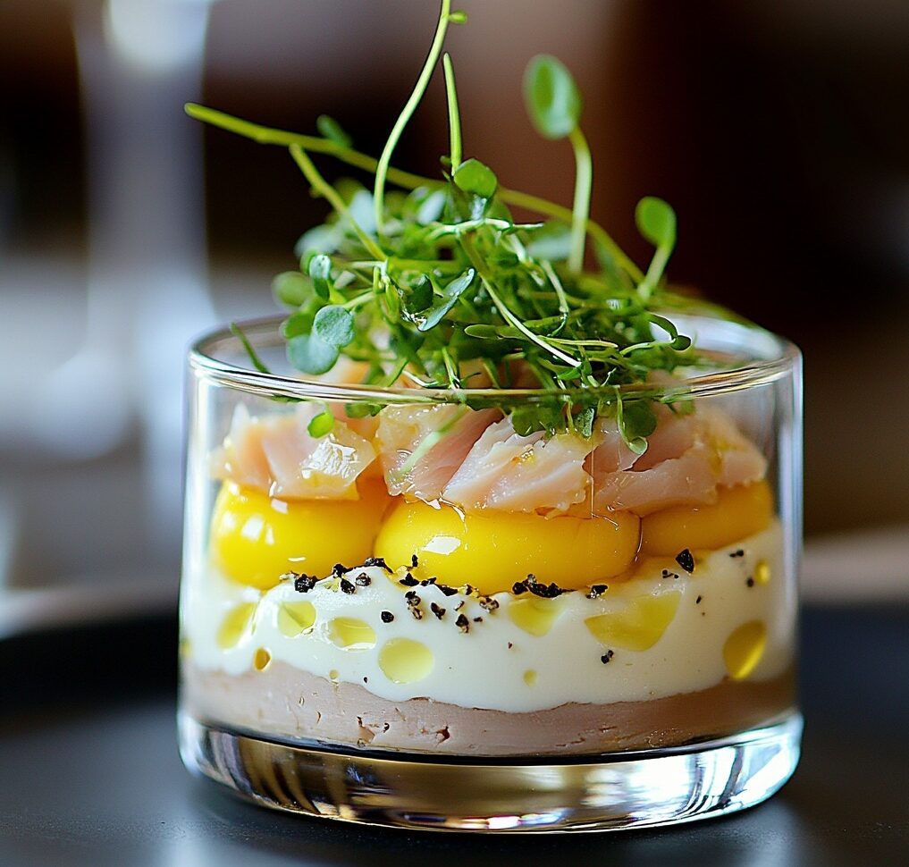 Verrines gastronomiques composées de foie gras crémeux, crème onctueuse, œufs mimosa et saumon fumé, décorées de microgreens et de poivre noir concassé.