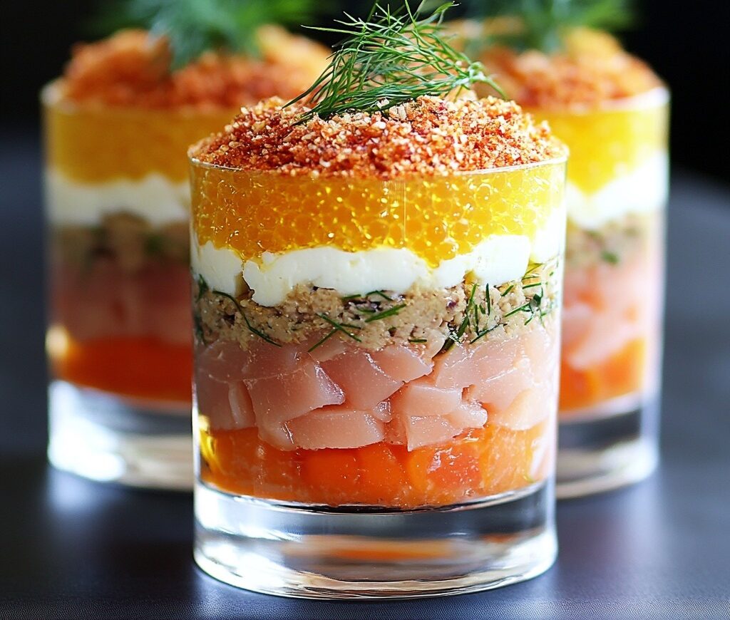 Verrine au saumon, œufs mimosa, crème citronnée et perles de saumon