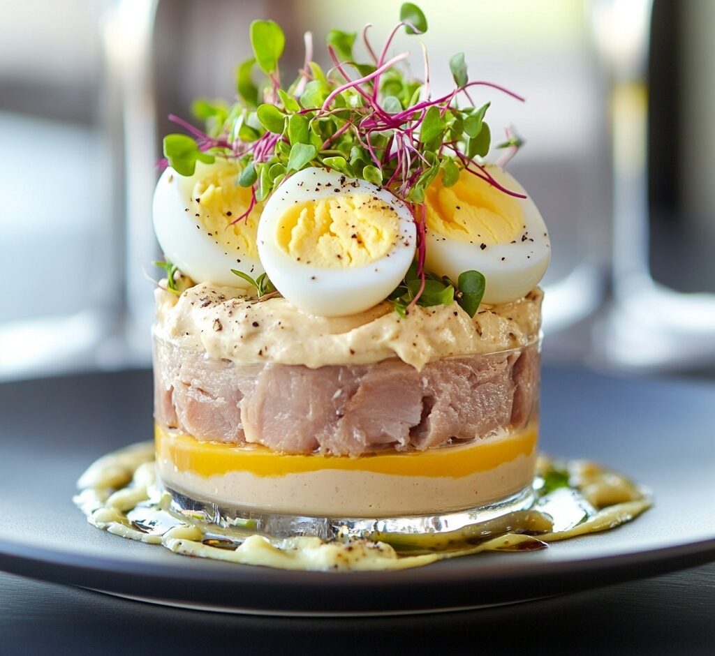 Verrine de thon frais, œufs mimosa et crème onctueuse