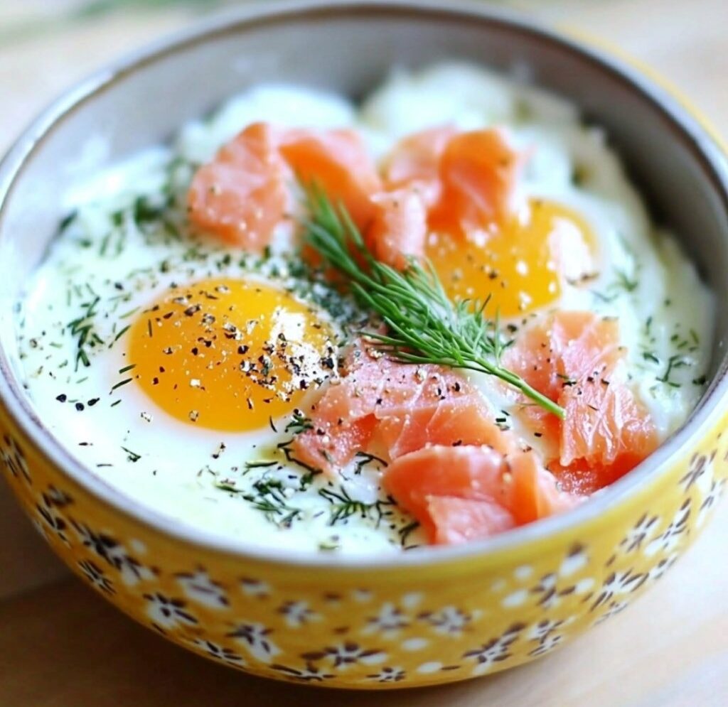 Œufs cocotte au saumon fumé et aneth dans des ramequins, garnis de crème onctueuse et accompagnés de pain grillé.