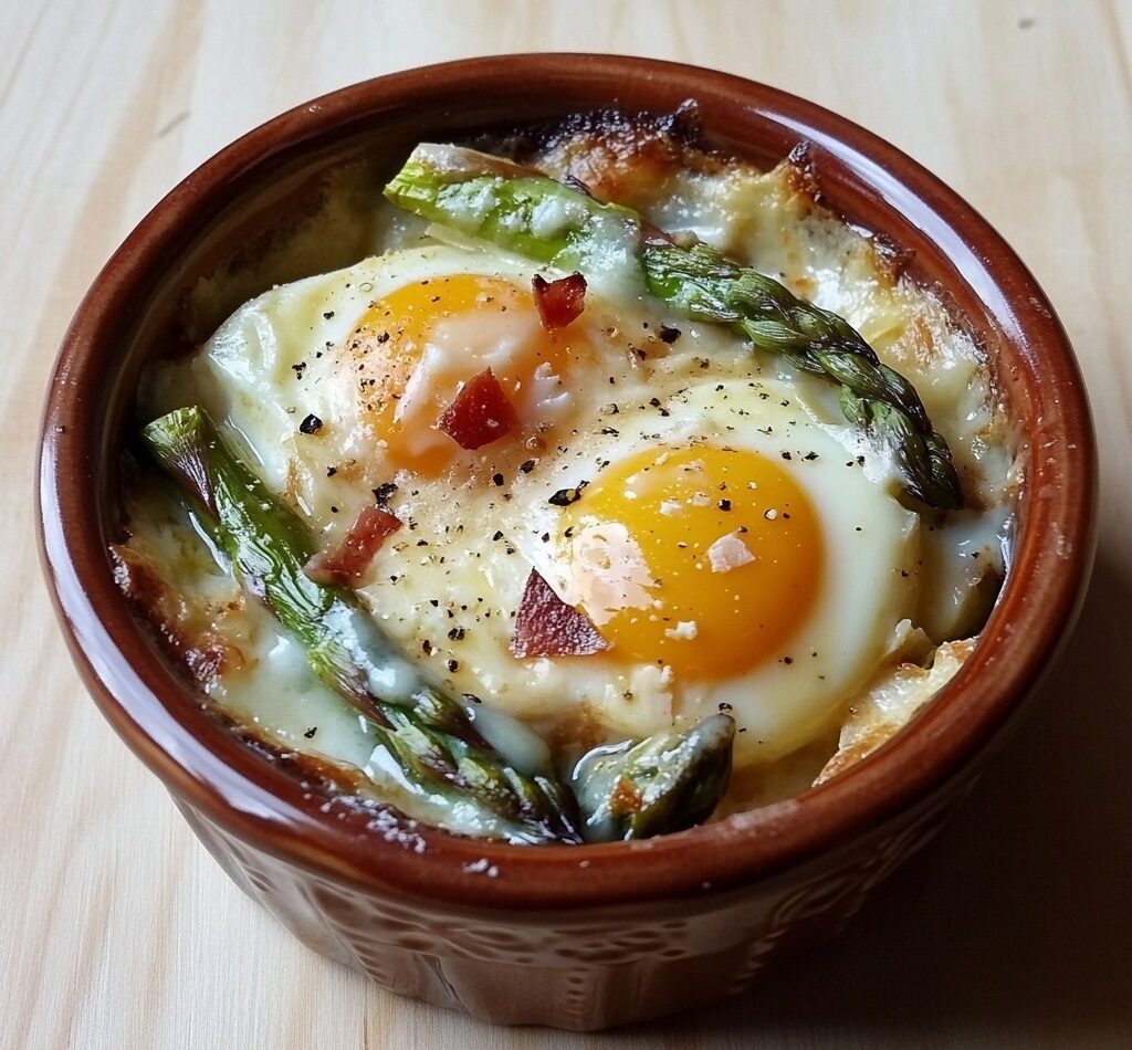 œufs cocotte, recette œufs cocotte, œufs cocotte asperges, brunch gourmand, cuisine rapide, recette facile, entrée chaude, repas léger, fromage fondu.