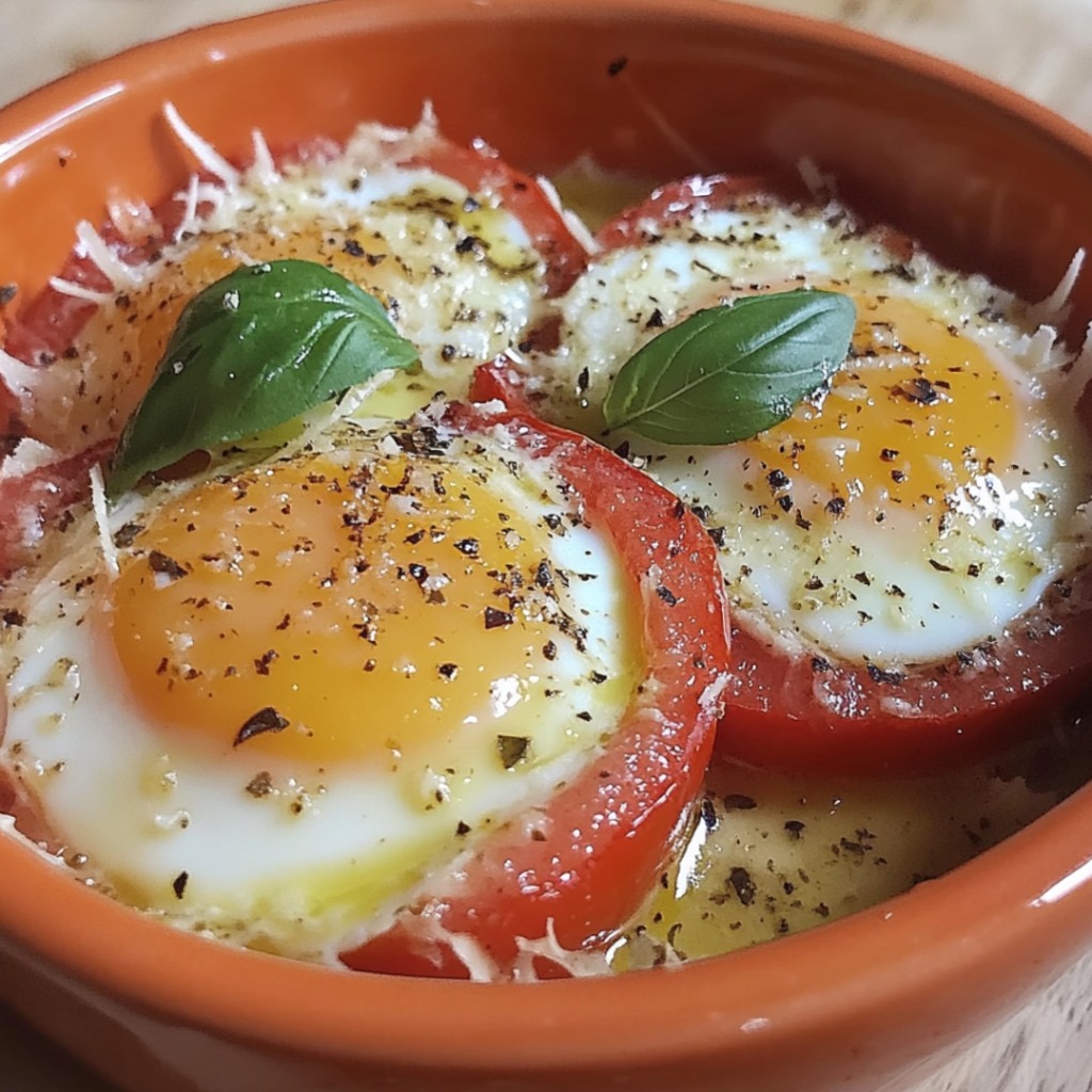 Œufs cocotte cuits dans des nids de tomates, garnis de basilic frais et accompagnés de pain grillé.