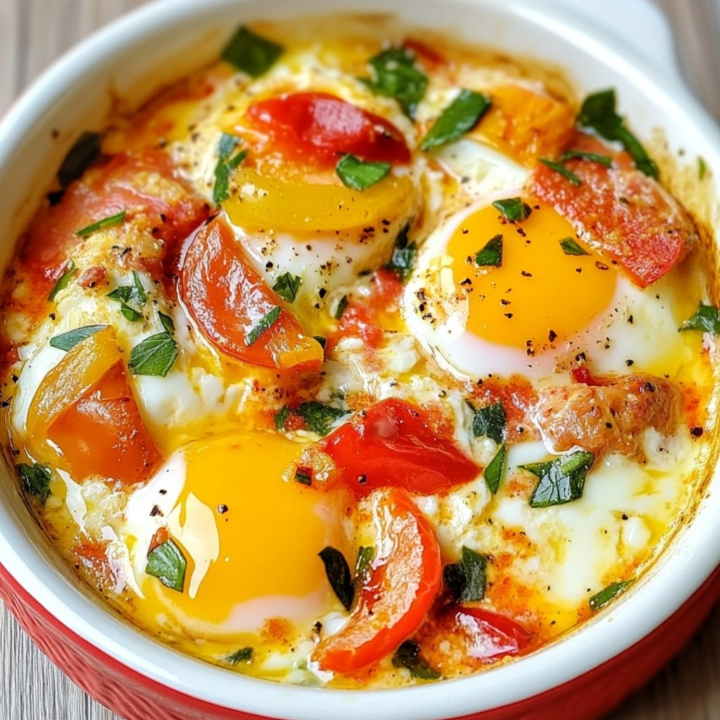 Œufs cocotte aux tomates rôties dans des ramequins, garnis d’herbes fraîches et accompagnés de pain grillé.