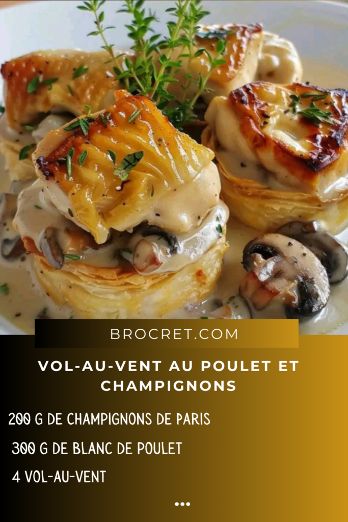 Vol-au-vent dorés garnis d’une sauce onctueuse au poulet et champignons, décorés de persil frais.