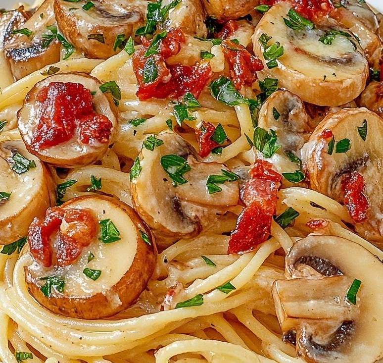 Spaghetti à la carbonara au lard fumé et champignons sauvages