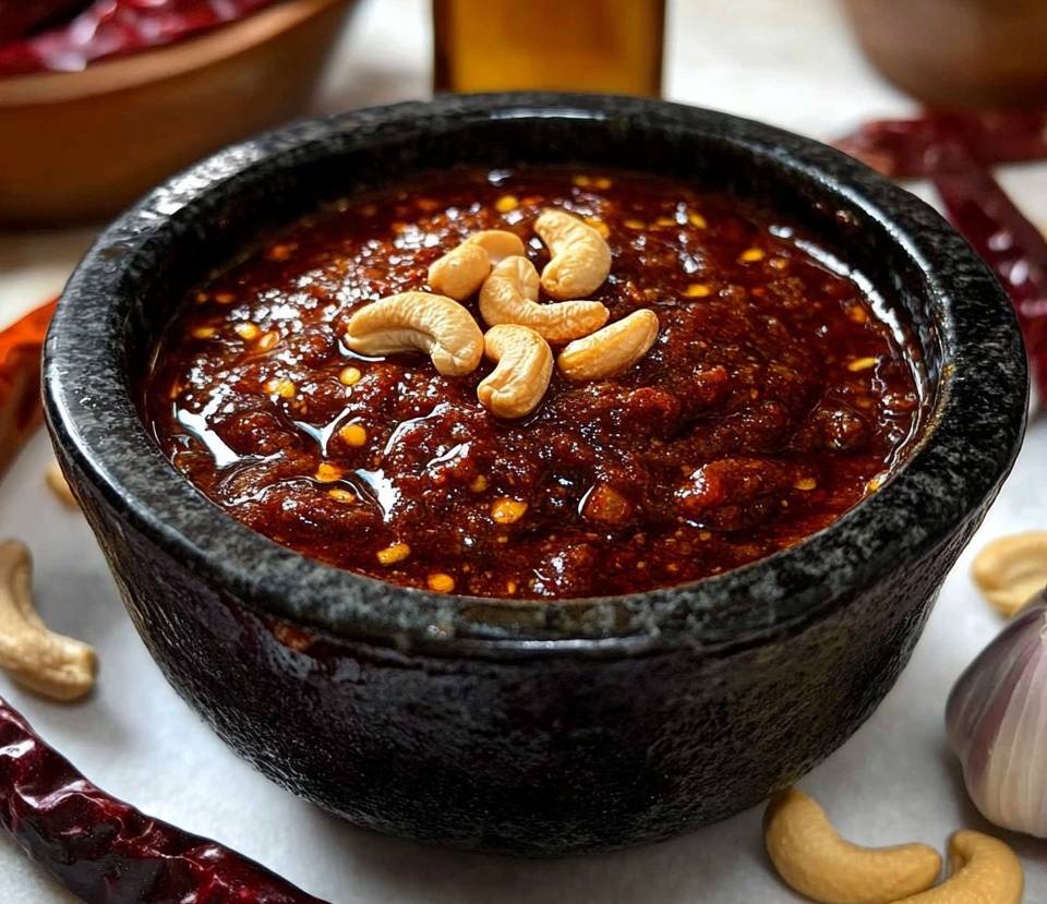 Bol de salsa macha aux piments ancho et noix de cajou, accompagné de chips de maïs et de tacos colorés.