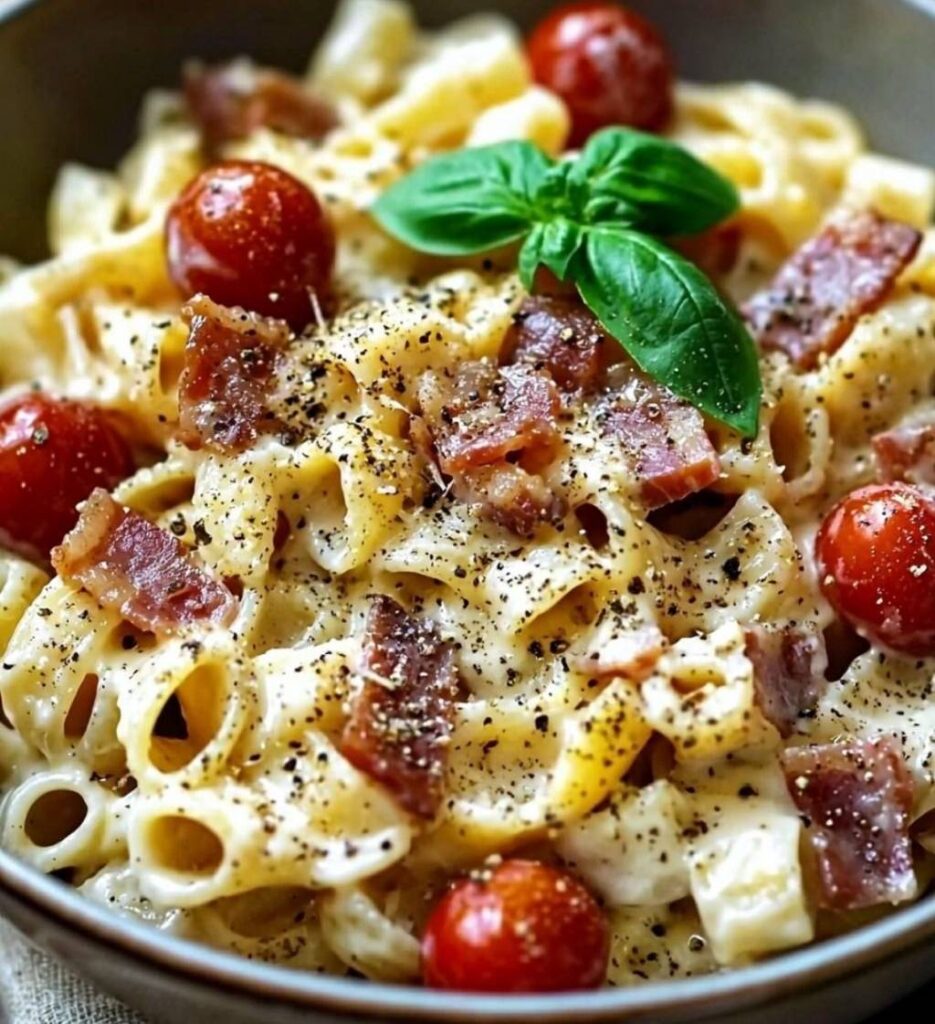 Assiette de pâtes crémeuses au Boursin et lardons, parsemée de persil frais et servie avec des tomates cerises.