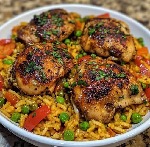 Plat de Poulet Espagnol Savoureux et Riz, avec des poivrons rouges et des petits pois, servi dans une cocotte rustique.