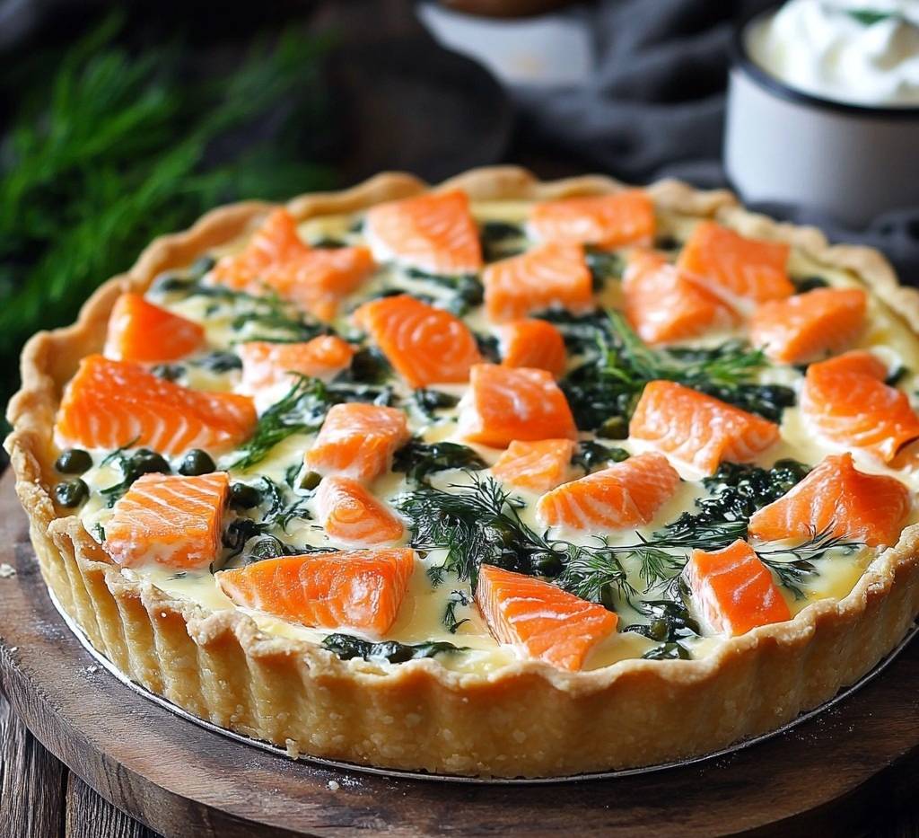 Tarte au saumon et épinards dorée, servie avec une salade verte sur une assiette rustique.