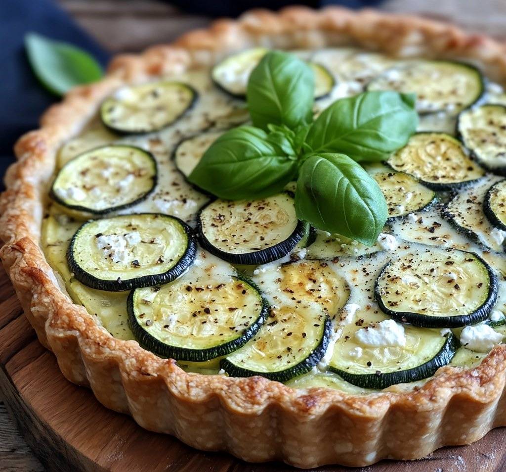 Tarte à la courgette et ricotta dorée, garnie de basilic frais, servie sur une assiette en bois avec une salade verte.