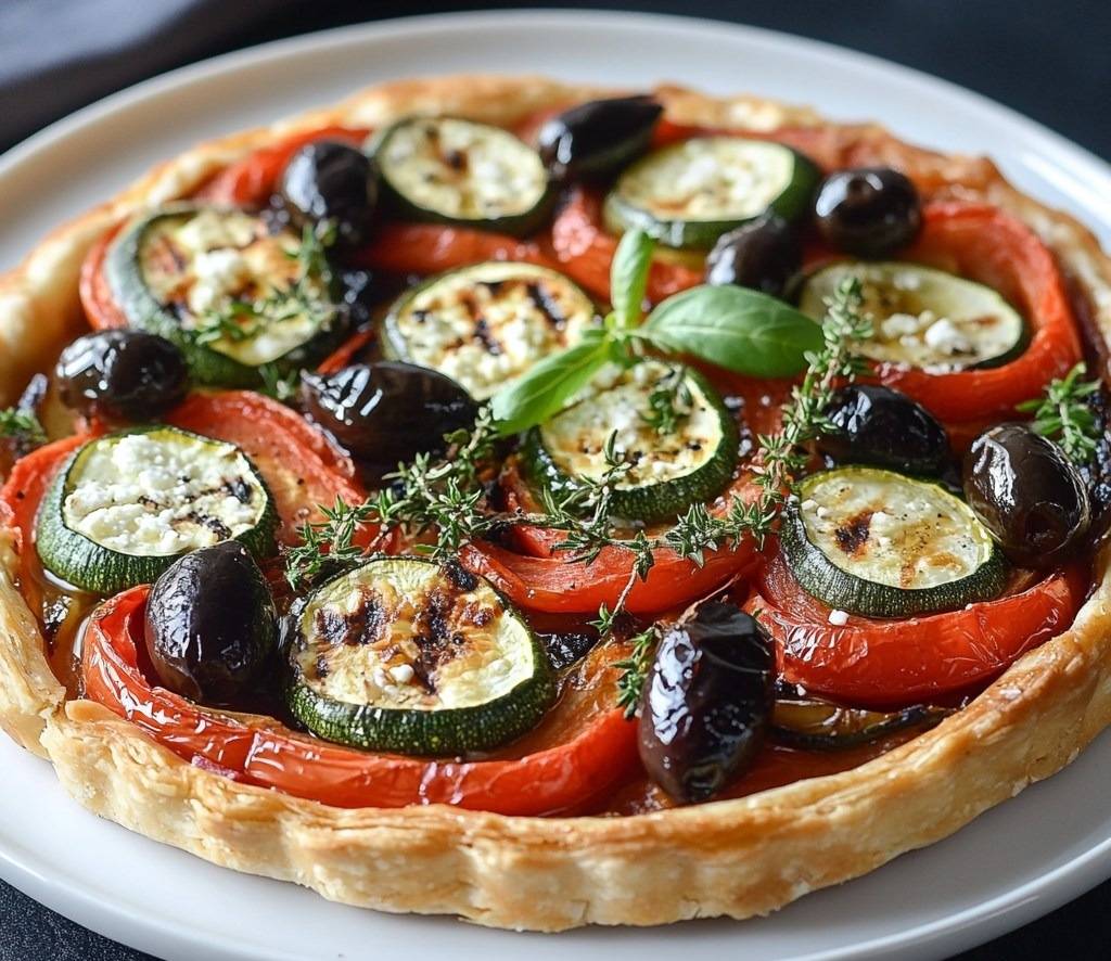 Tarte de légumes grillés garnie de feta et d’olives noires, servie sur une assiette rustique avec une salade verte.