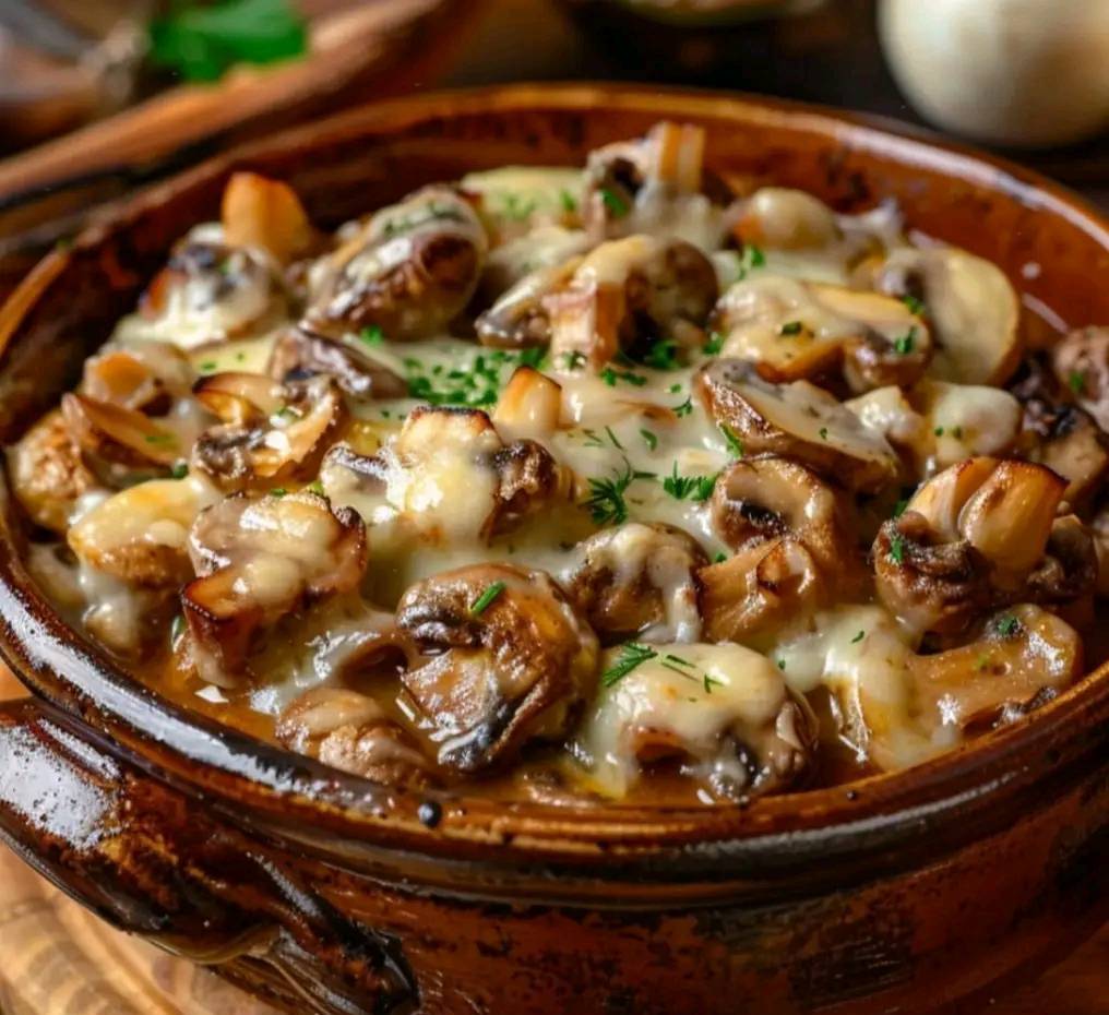 Assiette de joue de bœuf mijotée aux champignons, servie avec une purée de pommes de terre et une sauce onctueuse.