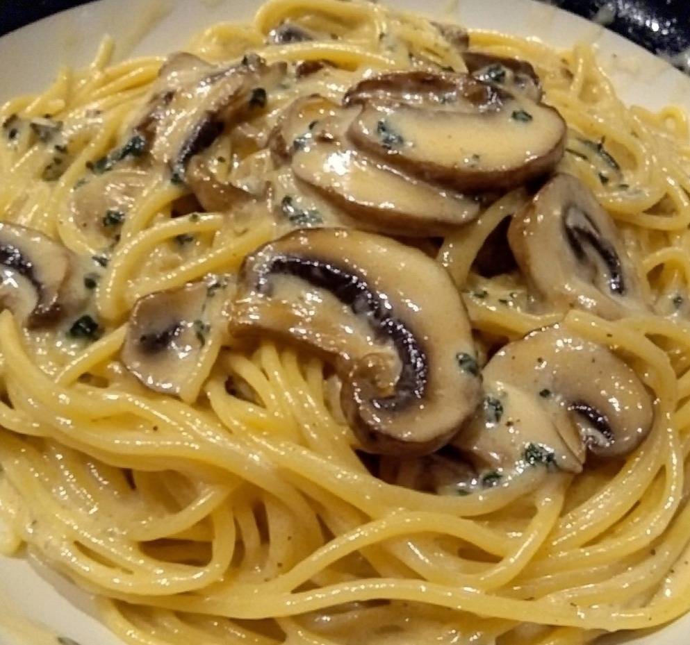 Assiette de pâtes crémeuses aux champignons avec une sauce onctueuse, garnie de parmesan et de persil frais.