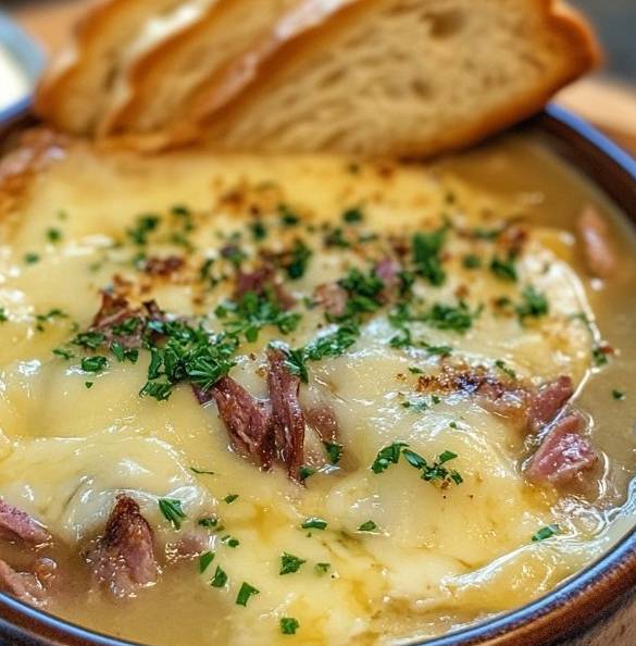 Bol de soupe épicée au fromage avec cubes de sandwich Reuben grillé, garni de persil frais.