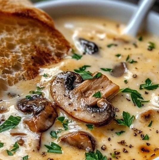 Bol de soupe crémeuse aux champignons et à l’ail, garnie de persil frais, servie avec du pain croustillant.