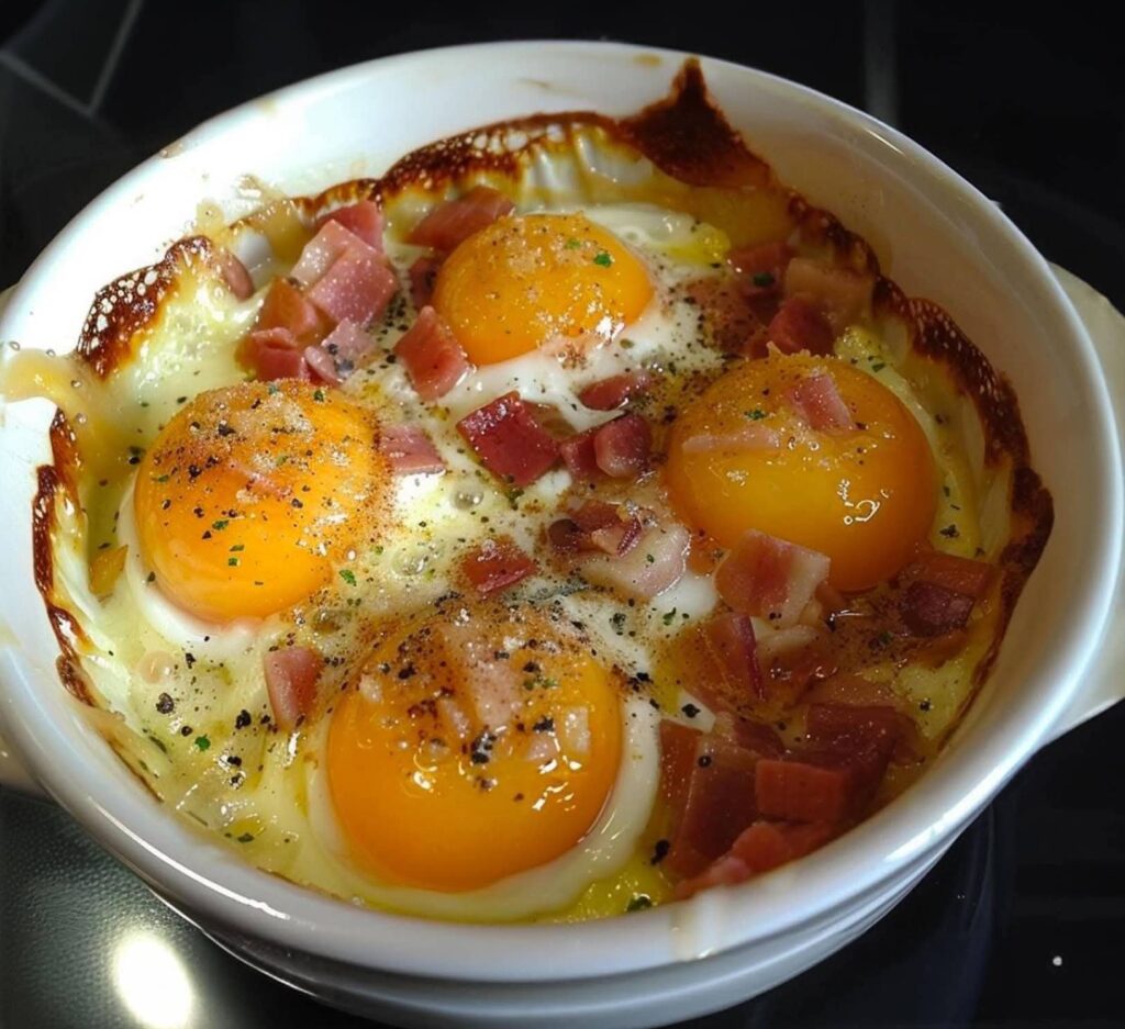  Œuf cocotte au chèvre et lardons servi dans un ramequin, garni de ciboulette fraîche et accompagné de pain grillé.