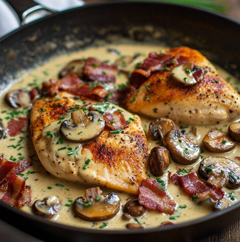  Assiette de poulet miel-moutarde avec bacon croustillant, nappé de sauce crémeuse et accompagné de riz basmati et de ciboulette fraîche.