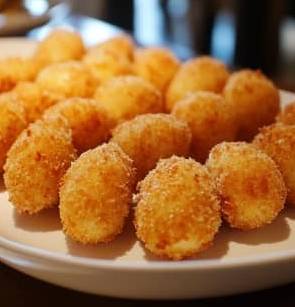 Croquettes de fromage panées dorées et croustillantes, servies avec une sauce crémeuse