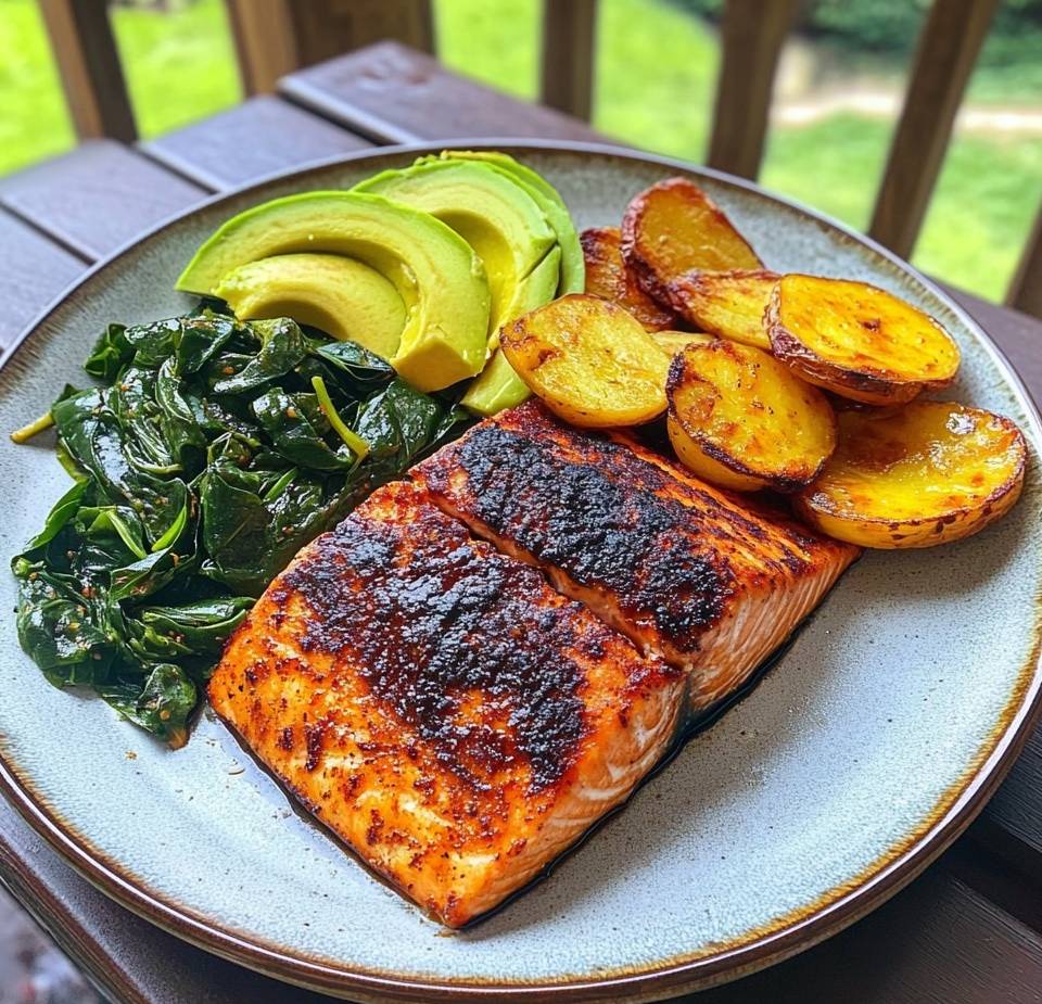 Assiette de saumon épicé avec pommes de terre rôties et épinards sautés, servie avec des tranches d’avocat frais.