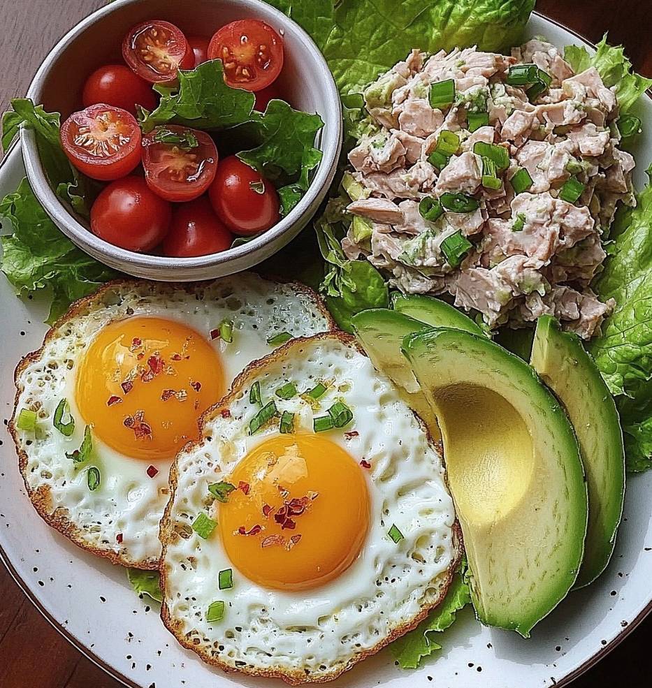 Assiette de salade Cobb revisitée avec poulet grillé, avocat, œufs durs, feta et olives, assaisonnée d’une vinaigrette légère