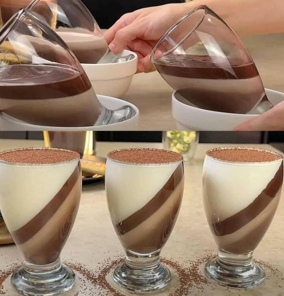 Panna cotta bicolore au chocolat noir et vanille dans un verre incliné, saupoudrée de cacao en poudre.