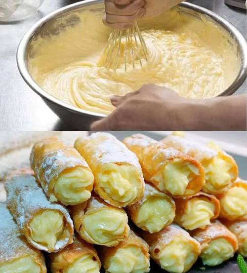 Cannoli dorés et croustillants garnis de crème pâtissière onctueuse, saupoudrés de sucre glace.