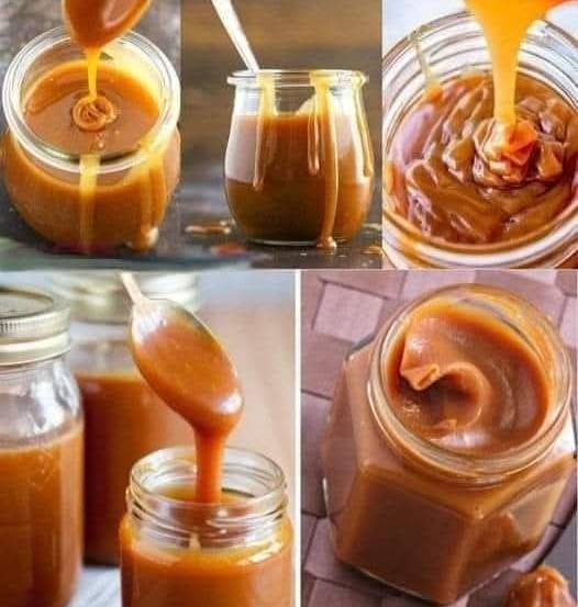 Caramel beurre salé onctueux dans un pot en verre, avec une cuillère nappée de caramel et un fond en bois rustique.