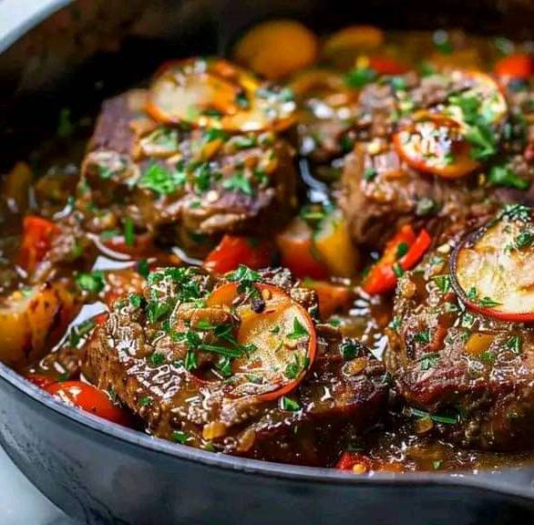 Assiette d’osso bucco de veau, accompagnée de risotto crémeux et décorée de persil frais.