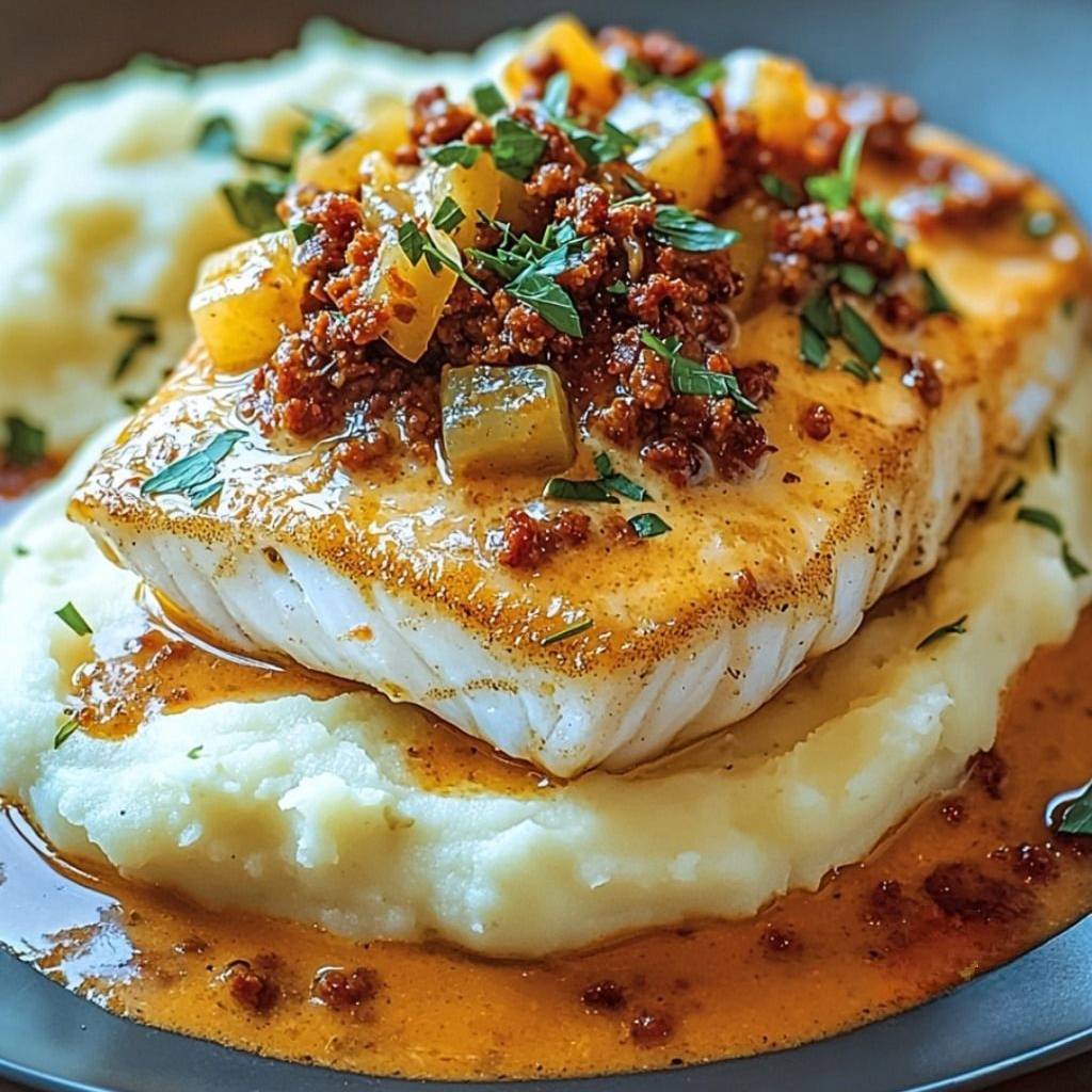 Assiette élégante avec un dos de cabillaud rôti, nappé de crème de chorizo onctueuse, accompagné d’une purée de pommes de terre lisse et décorée d’herbes fraîches.