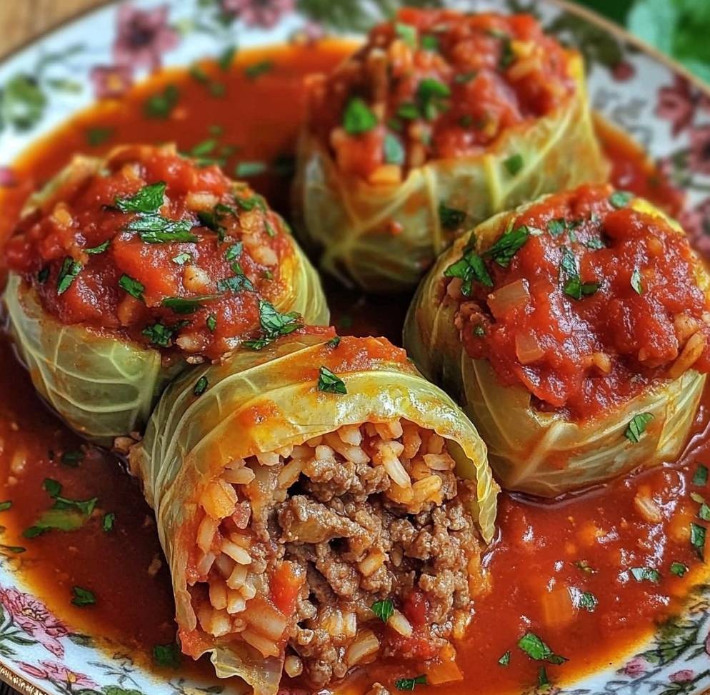 Assiette de choux farcis nappés de sauce tomate, avec persil frais.