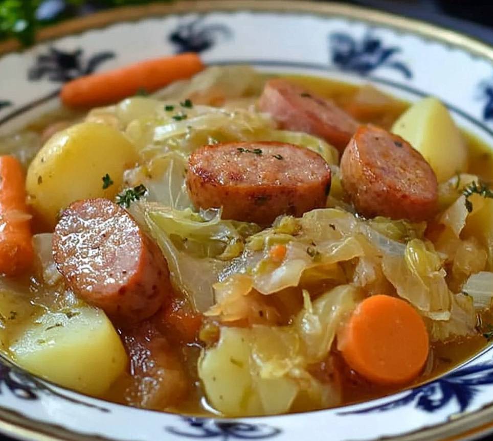 Un bol fumant de potée de chou et saucisses, accompagné de pain grillé et de moutarde à l’ancienne