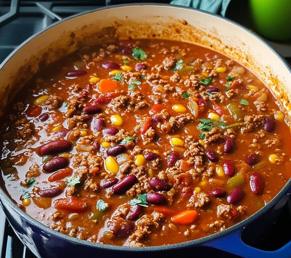 Bol fumant de chili con carne, garni de coriandre fraîche, servi avec du riz et des tortillas