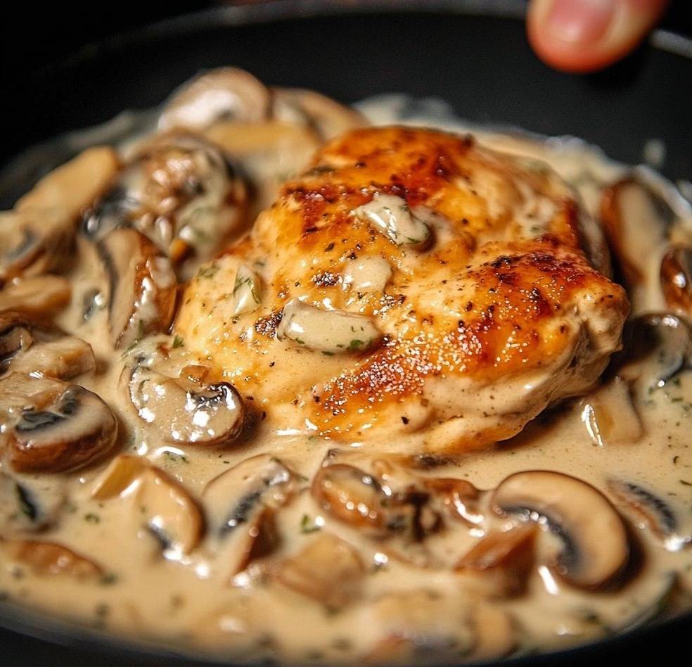 Assiette de poulet crémeux aux champignons, nappé de sauce onctueuse, servi avec du riz et du persil frais