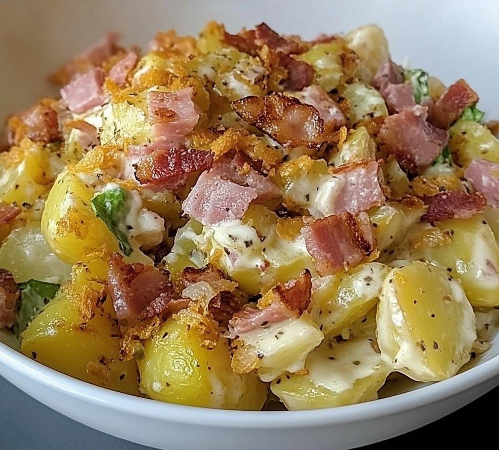 Assiette de salade tiède de pommes de terre, garnie de lardons croustillants et d’oignons frits, servie avec du persil frais