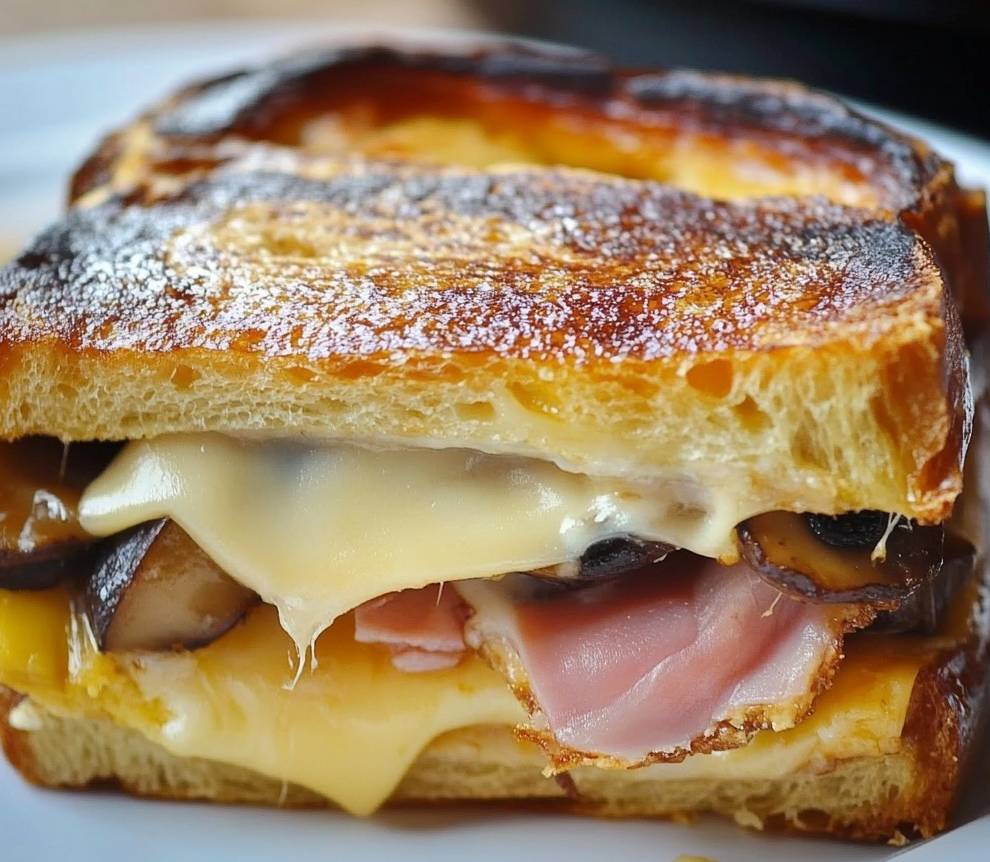 Tranche de croque cake doré, garnie de jambon et de fromage fondant, servie avec une salade verte