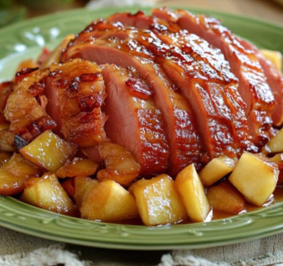 Jambon rôti nappé de sauce au miel, accompagné de pommes caramélisées et de romarin