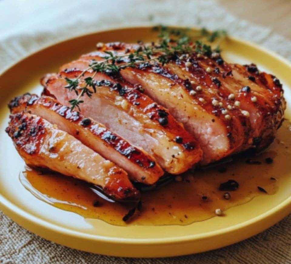 Jambon rôti nappé d’un glaçage miel-moutarde, accompagné de pommes de terre rôties