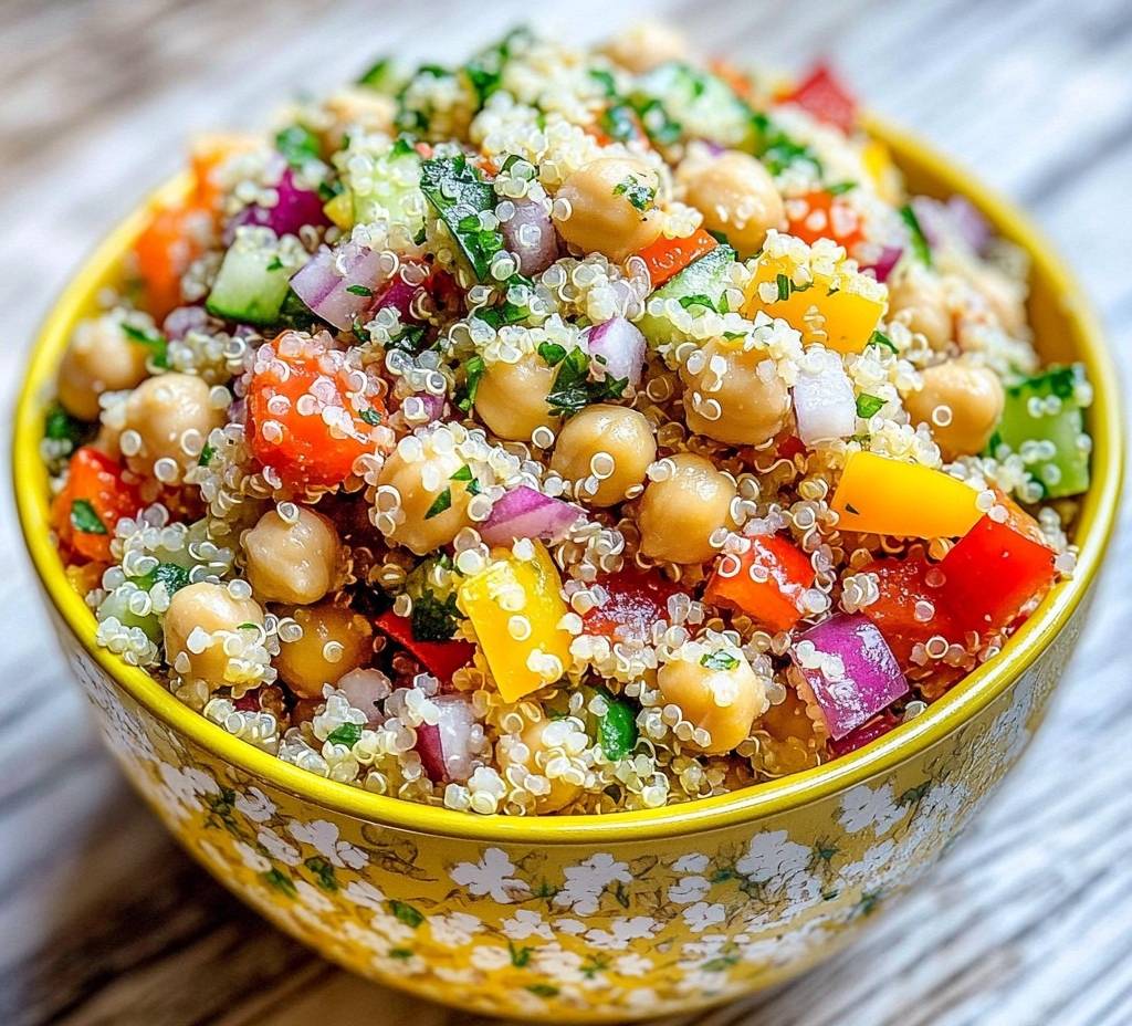 Assiette de salade de quinoa avec pois chiches, poivrons colorés et persil frais