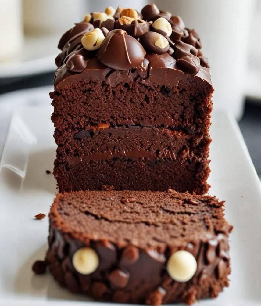 Cake au chocolat et noisettes, tranché, avec un cœur fondant et une croûte légèrement dorée