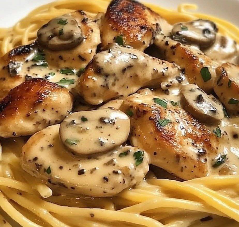  Assiette de poulet Marsala nappé de sauce crémeuse, accompagné de fettuccine et de parmesan